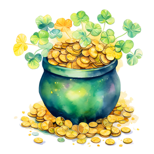 Green Pot filled with gold coins and 3 leaf clovers growing from it