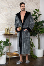 Load image into Gallery viewer, Mens Soft Plush Robe - Hooded Men Fleece Spa Bathrobe
