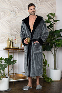 Mens Soft Plush Robe - Hooded Men Fleece Spa Bathrobe