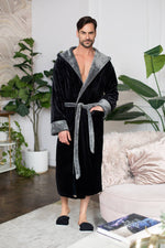 Load image into Gallery viewer, Mens Soft Plush Robe - Hooded Men Fleece Spa Bathrobe
