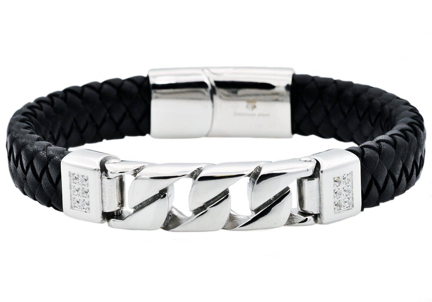 Men's Black Leather And Stainless Steel Imitation Curb Link