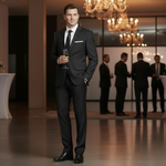 Load image into Gallery viewer, Man wearing a black slim fit,  single breast 2 piece with Notched Lapels, side vents and 2 button closure.
