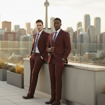 Load image into Gallery viewer, Two men in Burgundy single breast 2-piece suits with notched lapels, side vents and 2 button closure
