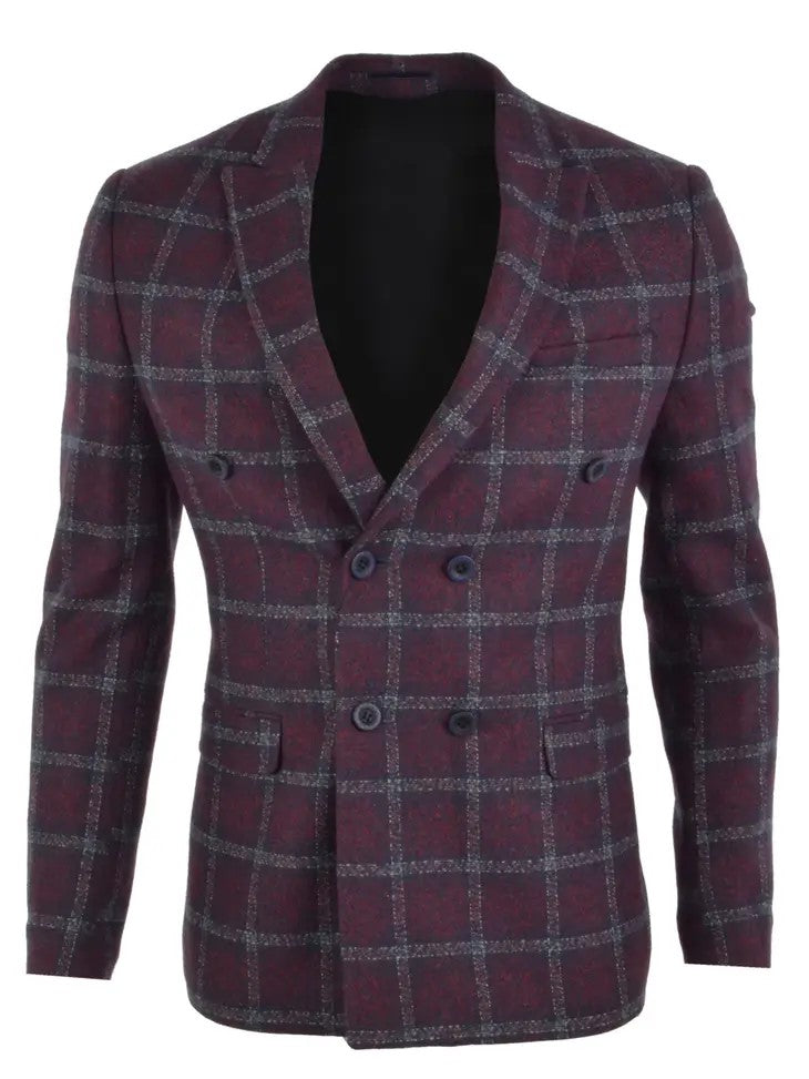 Burgundy & Navy Plaid 6 button Double Breast 100% Wool Sports Jacket. A must have this winter 