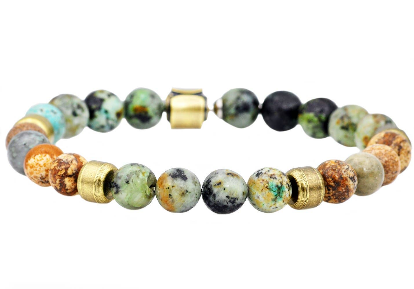 African Turquoise & Jasper Gold Stainless Steel Bead Bracelet