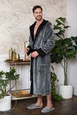 Load image into Gallery viewer, Mens Soft Plush Robe - Hooded Men Fleece Spa Bathrobe
