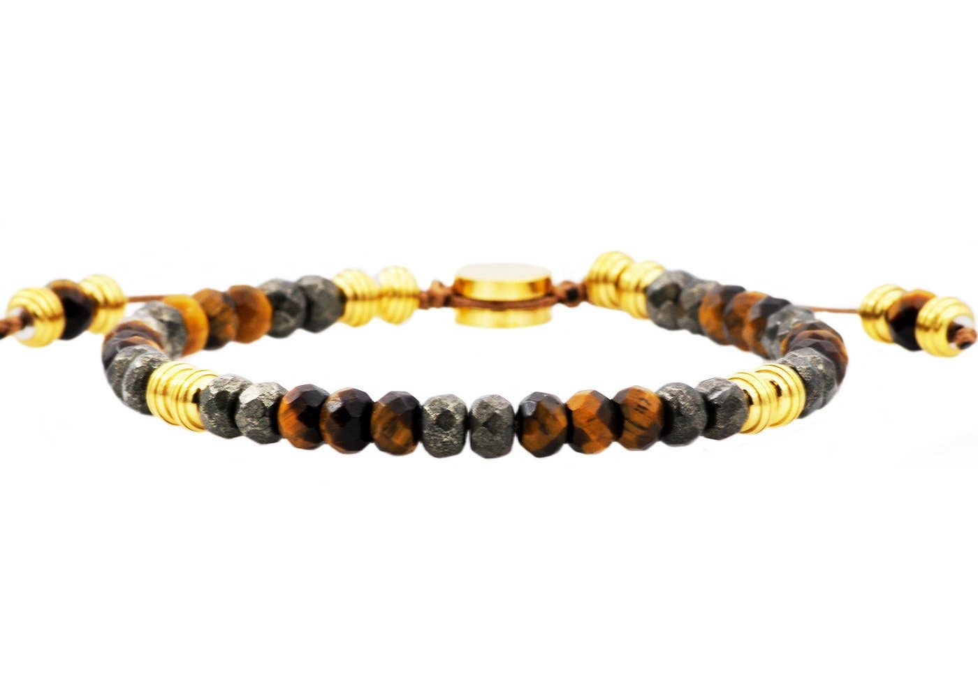 Men's Genuine Pyrite And Tiger Eye Gold Stainless Steel Beaded Bracelet