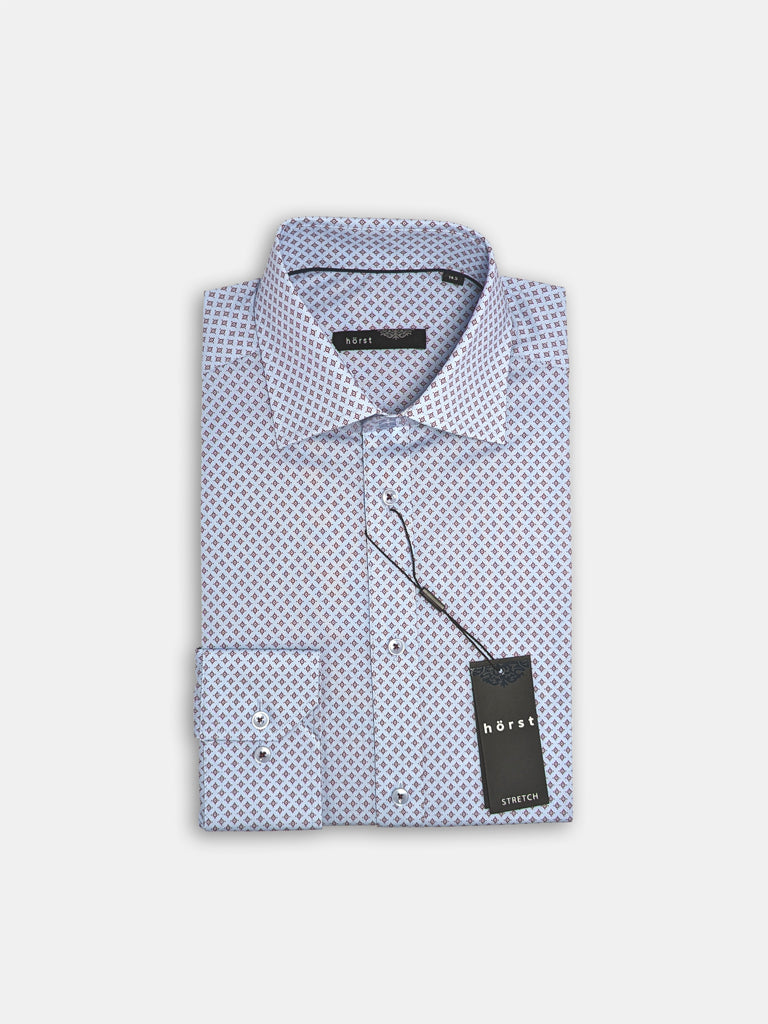 Blue & Burgundy Geo Print Long Sleeve Dress Shirt