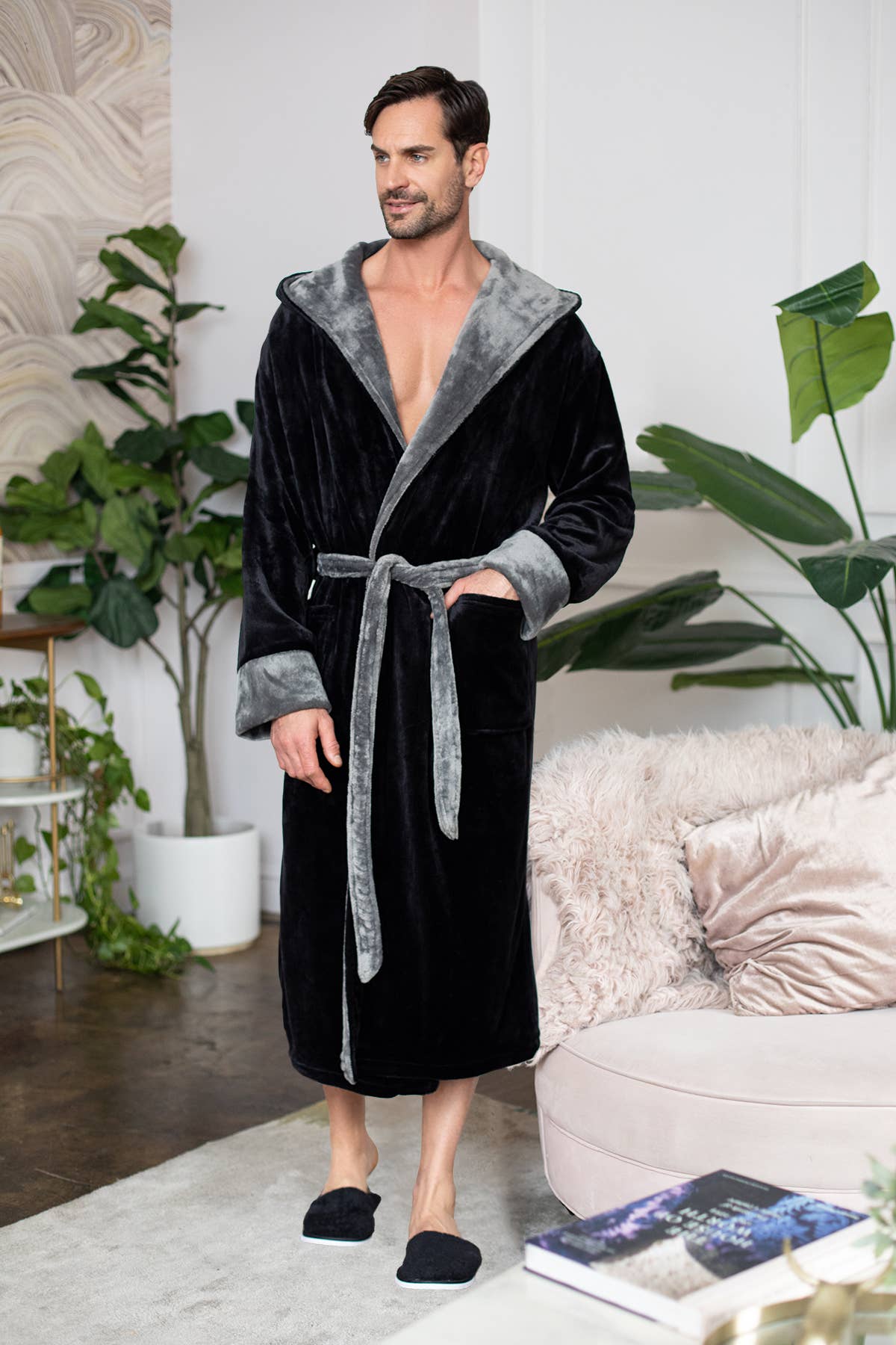 Mens Soft Plush Robe - Hooded Men Fleece Spa Bathrobe