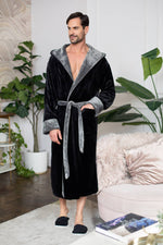 Load image into Gallery viewer, Mens Soft Plush Robe - Hooded Men Fleece Spa Bathrobe
