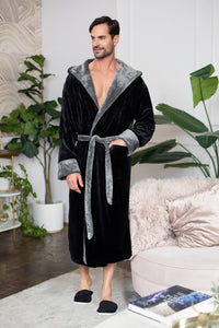 Mens Soft Plush Robe - Hooded Men Fleece Spa Bathrobe