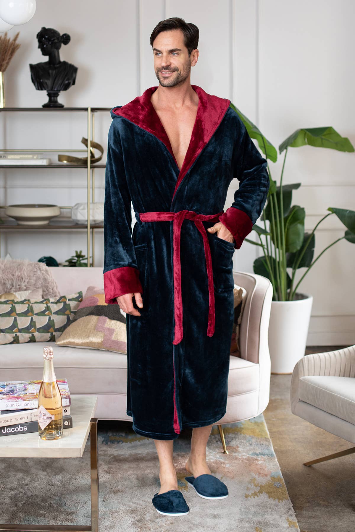 Mens Soft Plush Robe - Hooded Men Fleece Spa Bathrobe