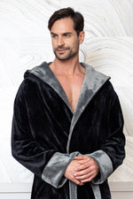 Load image into Gallery viewer, Mens Soft Plush Robe - Hooded Men Fleece Spa Bathrobe
