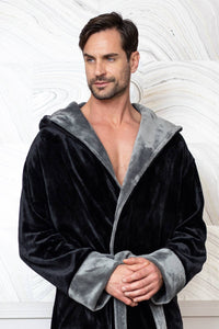 Mens Soft Plush Robe - Hooded Men Fleece Spa Bathrobe