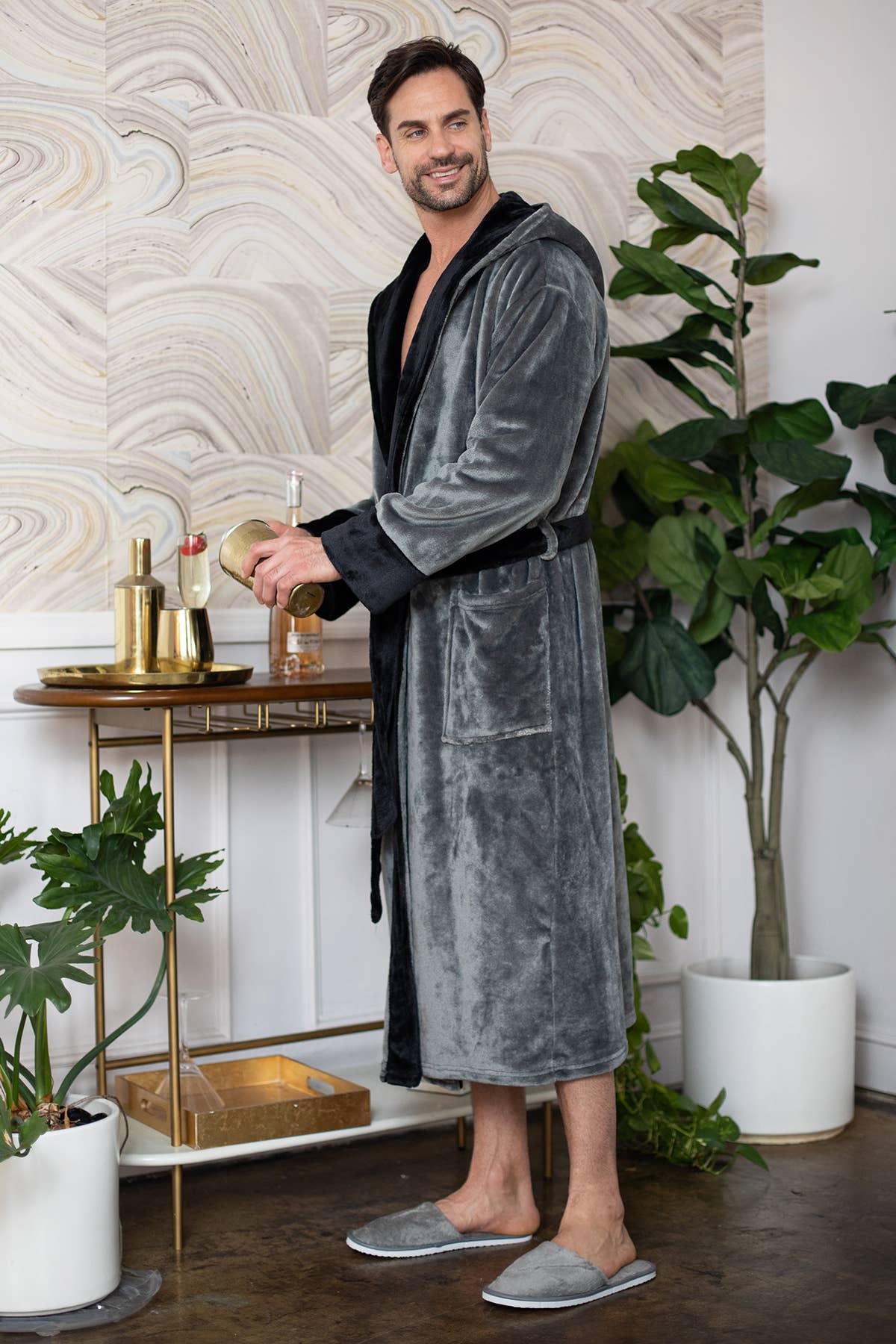 Mens Soft Plush Robe - Hooded Men Fleece Spa Bathrobe