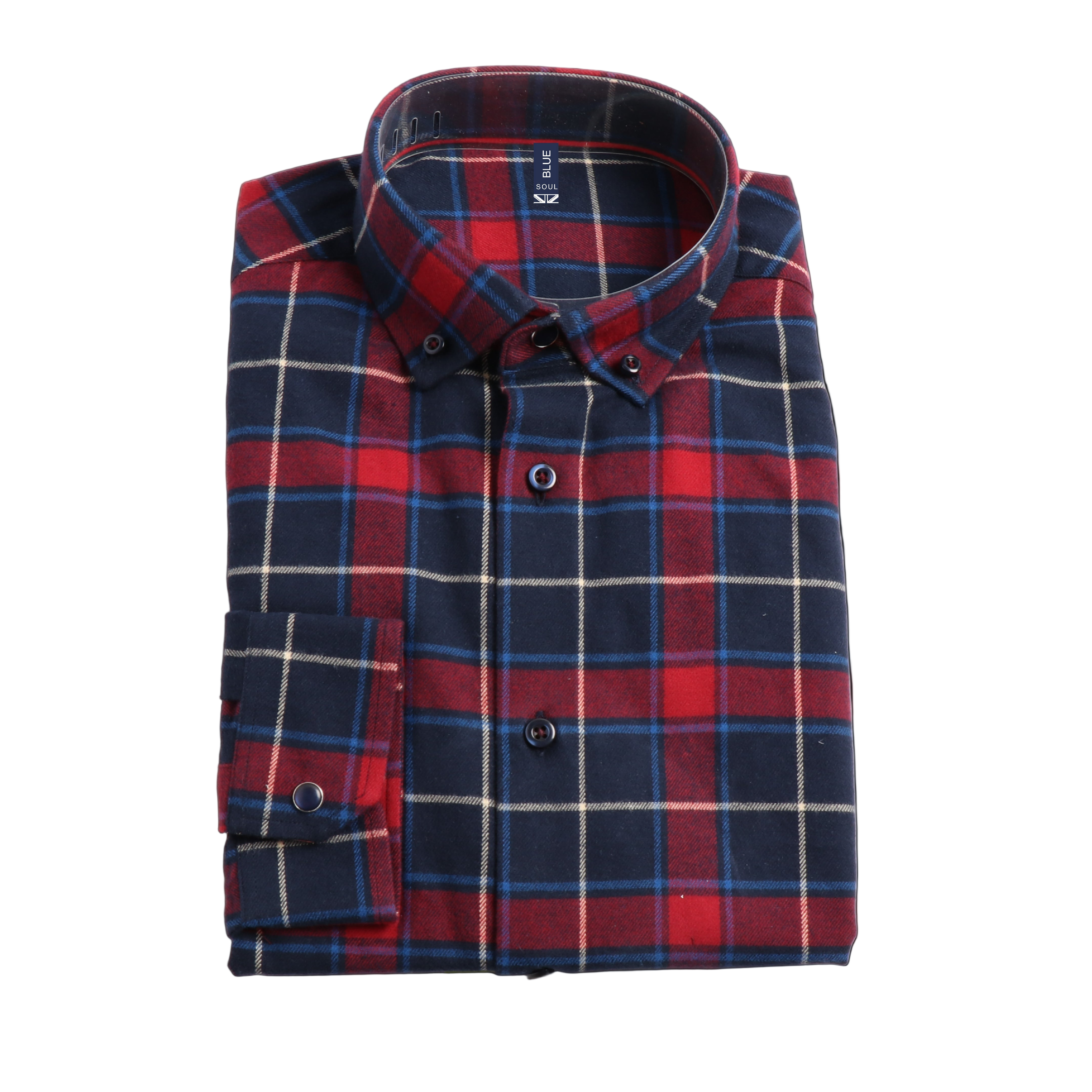 Long Sleeve Sport Shirt, 100% Organic Cotton, Navy Plaid
