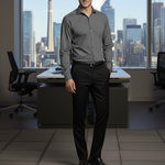 Load image into Gallery viewer, Our model is wearing a black with white geometric patterned long sleeve Cotton/Spandex Slim Fit Shirt, with black pants, belt and shoes in an office environment. 
