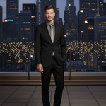 Load image into Gallery viewer, Our model is wearing a black with white geometric patterned long sleeve Cotton/Spandex Slim Fit Shirt, with our black 2-pice suit and solid silver tie, black belt and shoes for a semi formal event.
