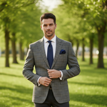 Load image into Gallery viewer, Our Model is wearing our new Windowpane check brown blazer with a white shirt, navy blue ties and pocket square. A fitting sports jacket perfect for any occasion or any season. 
