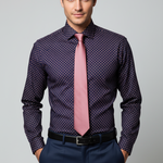 Load image into Gallery viewer, Our model is  wearing a patterned burgundy shirt with a pink tie and navy pants 
