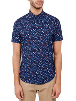 Load image into Gallery viewer, Men&#39;s Mini Navy Floral Performance Stretch Short Sleeve Slim Fit Shirt
