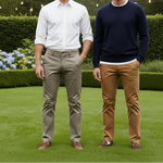 Load image into Gallery viewer, Our models are wearing slim fit chinos in Beige and Camel.
