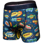 Charger l'image dans la galerie, Boxer briefs with colorful comic book speech bubble pattern on a blue background

