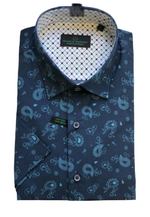 Charger l'image dans la galerie, A navy semi-fitted short sleeve shirt with a paisley print and a collar.
