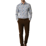 Load image into Gallery viewer, Our model is  wearing a white floral  patterned Cotton Spandex Long Sleeve Slim Fit  shirt and with dark brown 21 Wale Corduroy Pants. 
