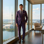 Charger l'image dans la galerie, Our Model is wearing our 2-Piece Eggplant Slim Fit Suit with Notched Lapels, 2 buttons and side vents. Pants are plain front with 2 pockets on the front and 2 buttoned pockets on the back. 
