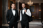 Charger l'image dans la galerie, Two Men wearing a 3-Piece Tuxedo Set - Jacket Pants and 4-Button Waistcoat/Vest. White French Cuff Plain front Tuxedo Shirt, Black Bow Tie with Black Studs and Cufflinks. 
