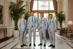 Load image into Gallery viewer, Our groomsmen are wearing the Ice Grey Single Breast, 2 Button 2 Piece  Slim Fit Suit with a white shirt and horizon blue tie and pocket square, black shoes and black belt for that classic look. You can also rent this entire package. Enquire about our Forrest Rental Package
