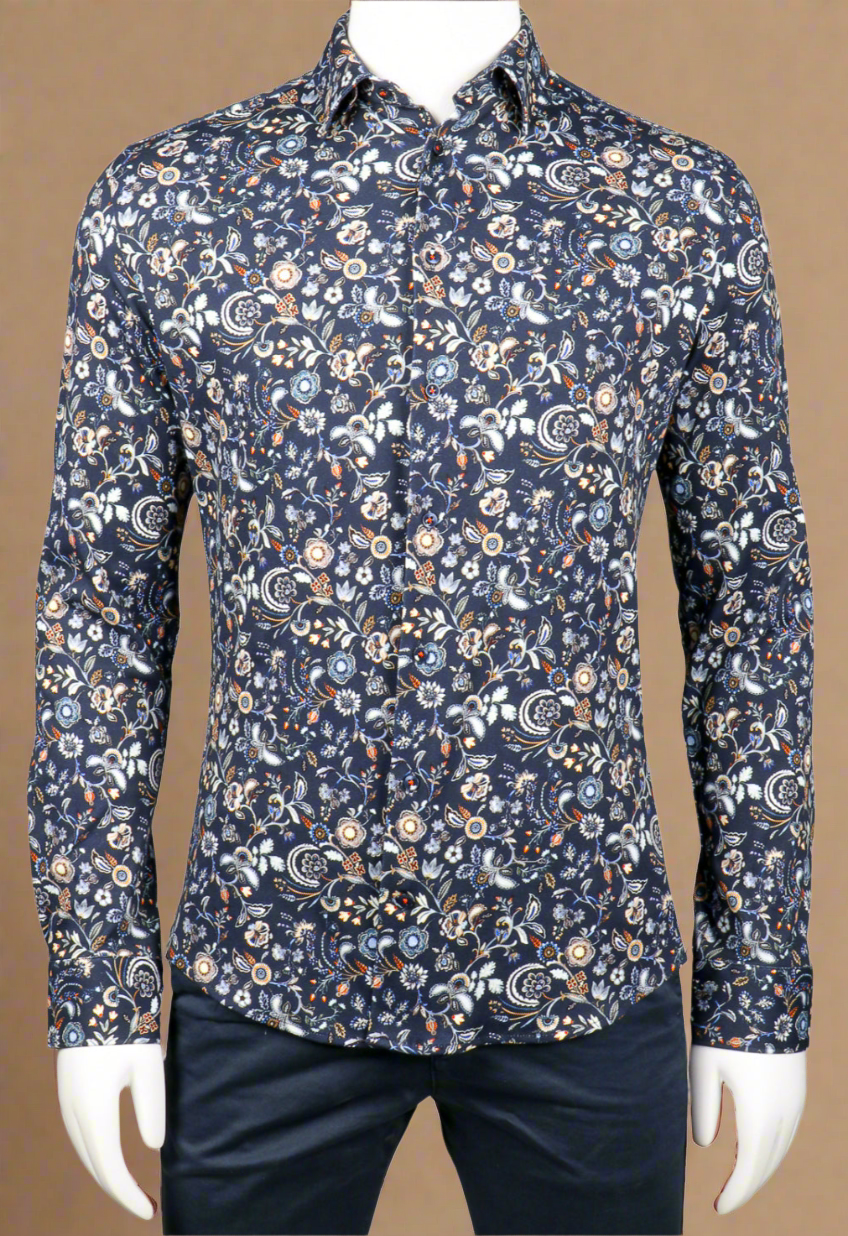 Navy Floral Long Sleeve Dress Shirt