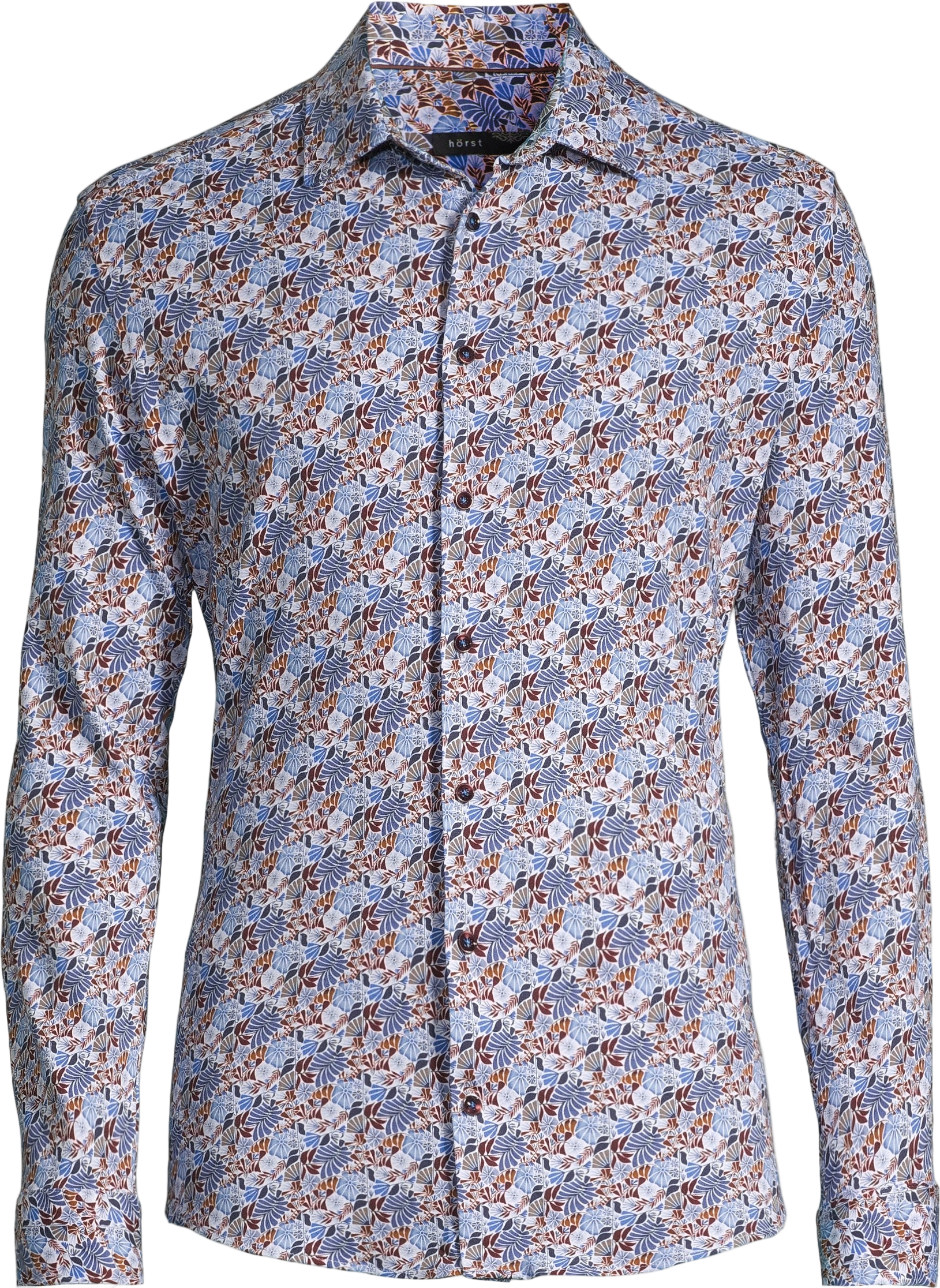 Tropical Print Cotton Knit Long Sleeve Slim Fit Sports Shirt
