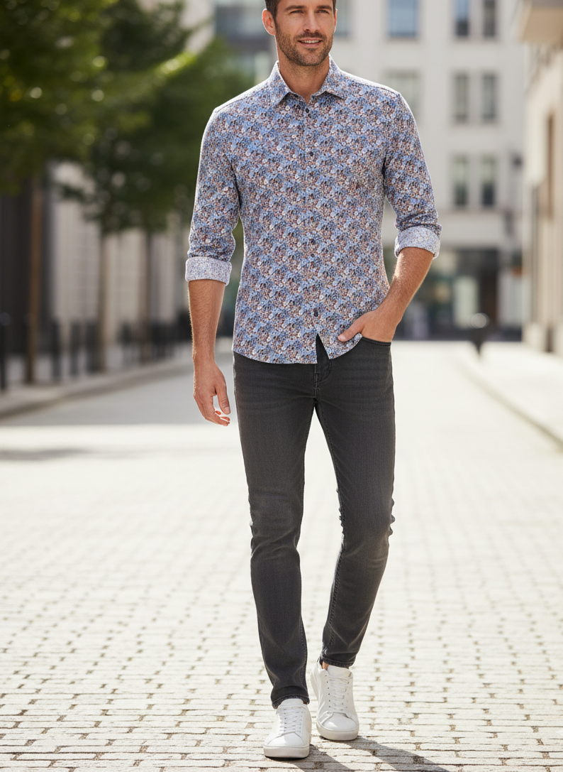 Tropical Print Cotton Knit Long Sleeve Slim Fit Sports Shirt