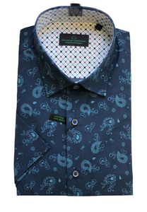 Paisley Print Navy Semi Fitted Short Sleeve Shirt