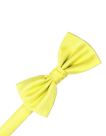 Load image into Gallery viewer, A bright lemon yellow pre-tied bow tie with a subtle chevron pattern, shown on a plain white background.
