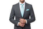 Load image into Gallery viewer, Man wearing a charcoal suit with Solid  Satin Aqua Tie and matching Pocket Square 
