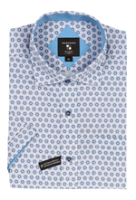 Charger l'image dans la galerie, A short-sleeved sport shirt with a geometric pattern in blue, purple  and white colors, displayed against a plain background.


