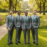 Load image into Gallery viewer, Wedding Party wearing our Forrest Package in a  Silver Grey 2 Piece Single Breast Slim Fit suit with Oasis Tie and Pocket Square and White Shirt, Black Shoes and Belt.  Other Colors available 
