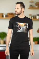 Charger l'image dans la galerie, Man wearing a black cotton t-shirt with french bull dog puppy,  his face out a car window, graphic
