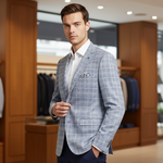 Load image into Gallery viewer, Man wearing a light  blue checkered blazer over a white shirt and dark pants 
