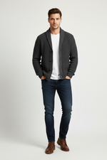 Charger l'image dans la galerie, Our model is showcasing a stylish charcoal knit shawl-collar cardigan, paired perfectly with a classic white T-shirt and blue jeans. This versatile outfit is ideal for any season, offering both comfort and sophistication. Elevate your wardrobe with this trendy look that's perfect for casual outings, office wear, or relaxed weekends. Whether you're dressing up or keeping it simple, it's a  Great look for any time of the year.
