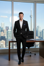 Load image into Gallery viewer, Male model wearing a black two-piece slim fit Soul of London suit. The jacket  features a two-button closure and notched lapels. The jacket interior shows a blue patterned lining.
