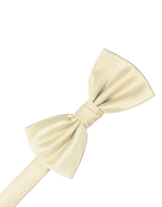 Load image into Gallery viewer, A light sand  pre-tied bow tie with a fine herringbone pattern, shown against a solid white background.
