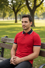 Load image into Gallery viewer, A red slim fit pique polo with a spread collar and 3-button closure.
