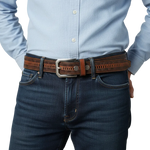 Load image into Gallery viewer, Tan/Brown 100% Leather Designer Belt with Snap Button, 1.5 Inch Wide, Designed in Canada. This is made to last a lifetime with 7 holes for adjustable sizing, it breaks in nicely and gets better with age.&amp;nbsp
