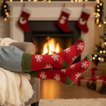 Load image into Gallery viewer, Red crew socks with snowflake patterns with green cuff, heel and toe 
