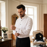 Charger l'image dans la galerie, Our model is wearing a subtle textured french cuff white tuxedo shirt complete with studs and cufflinks in black  
