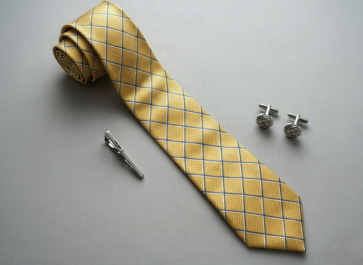 Yellow and Blue Check 100% Silk Tie